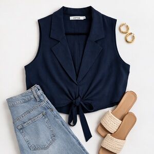 JustFab Navy Tie Front Waistcoat Vest Top Sleeveless Tailored Minimalist Size 2X